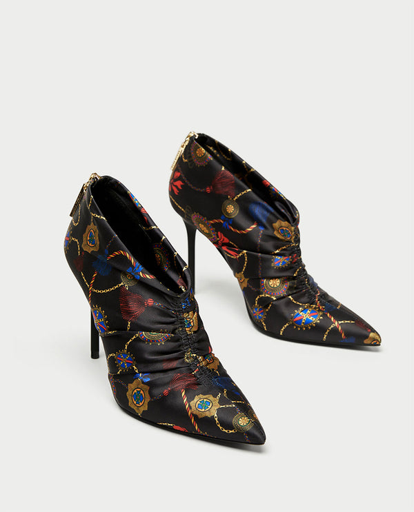 Printed High Heel Ankle Boots With Gathering